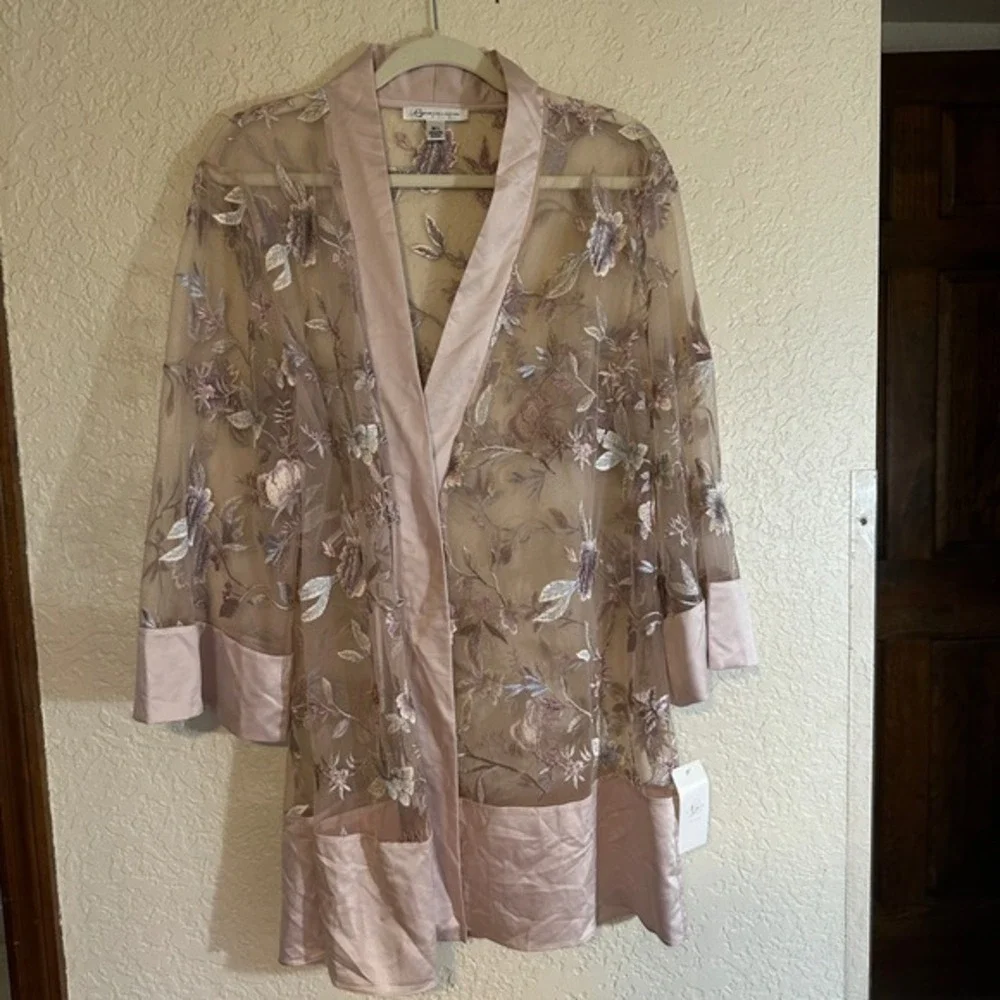 Rya Collection Sepia Rose Embroidered Mesh Kimono Robe Cover Up‎ M L